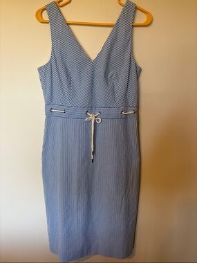 J. Crew Blue and White Striped V-Neck Midi Dress with Rope Waist